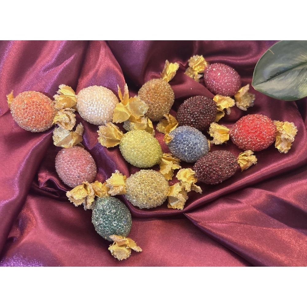 12 Rare Vintage Beaded Candy Pieces Faux‎ Sugared Gold Wrapper MCM display
